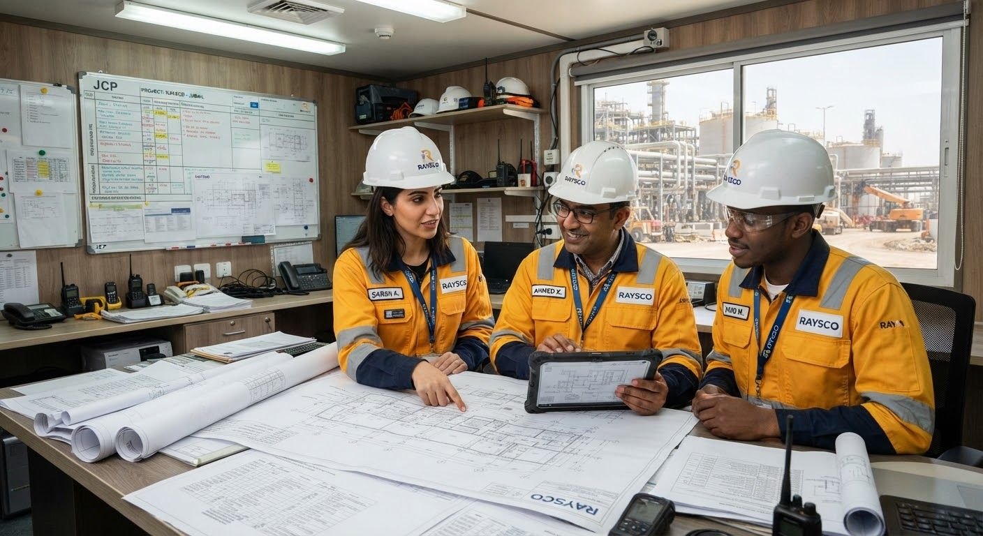 Technical engineering coordination team in safety jackets